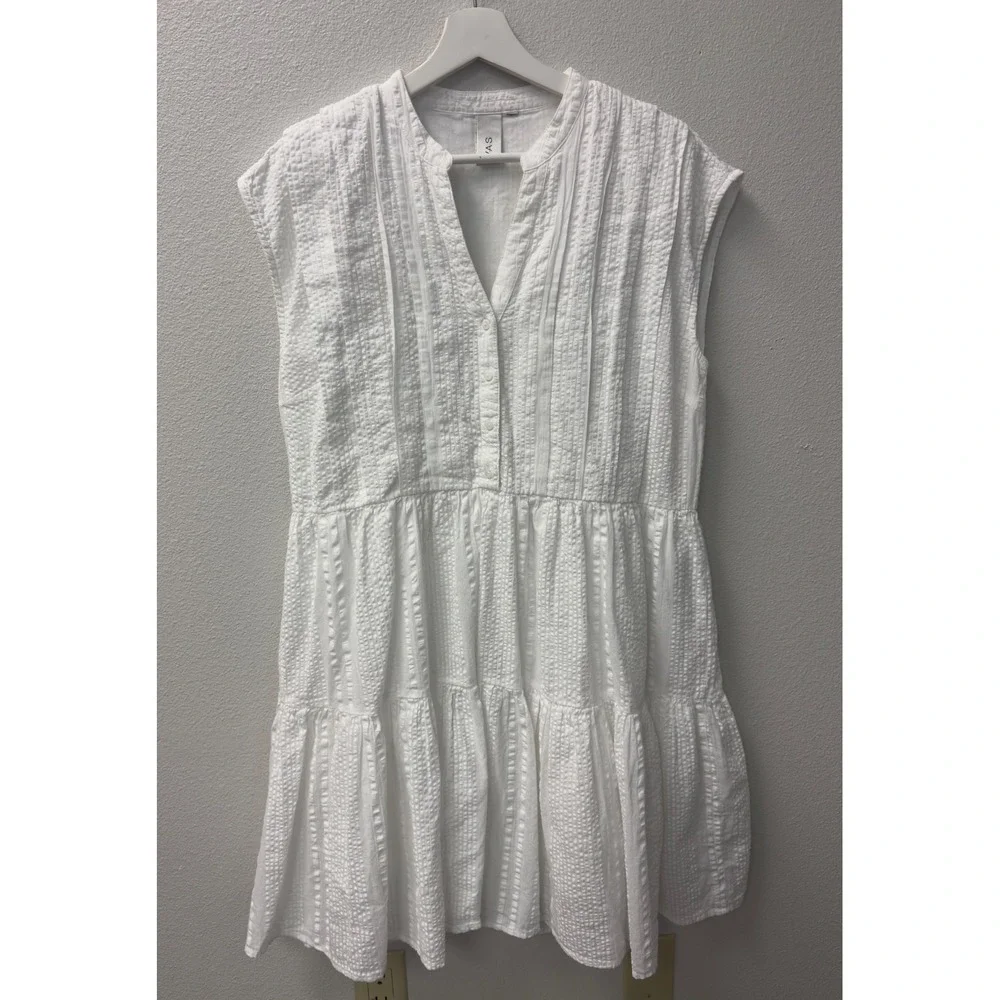 Y.A.S Seersucker Tiered Mini Dress Womens M White Pintuck Sleeveless‎ Summer